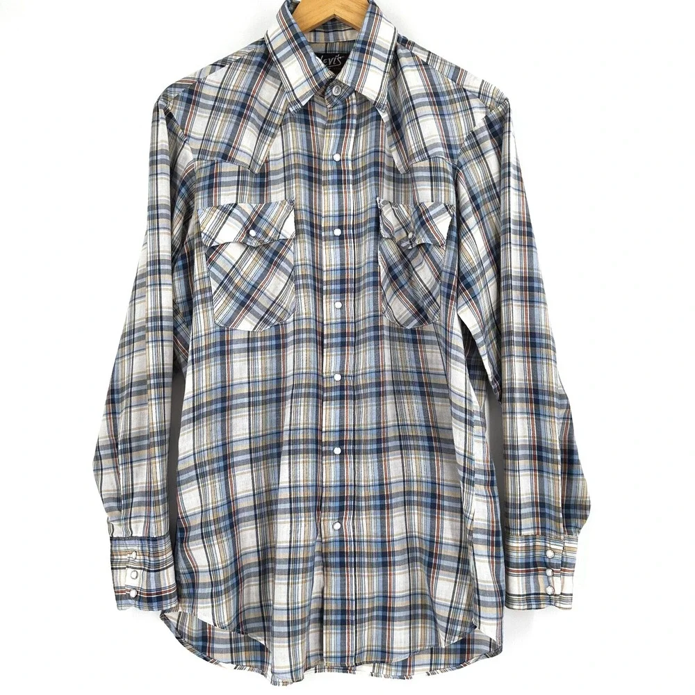 VTG Levi's Men Western Pearl Snap Shirt Medium Plaid Cowboy Ranch Rodeo Retro